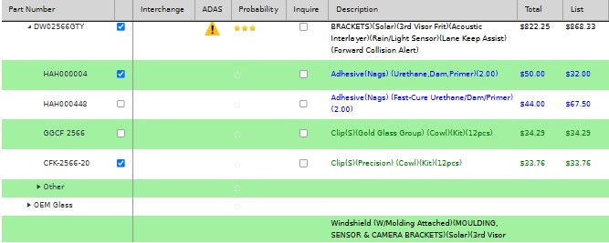 GMS Glass Parts Screen GMS parts ordering screenshot
