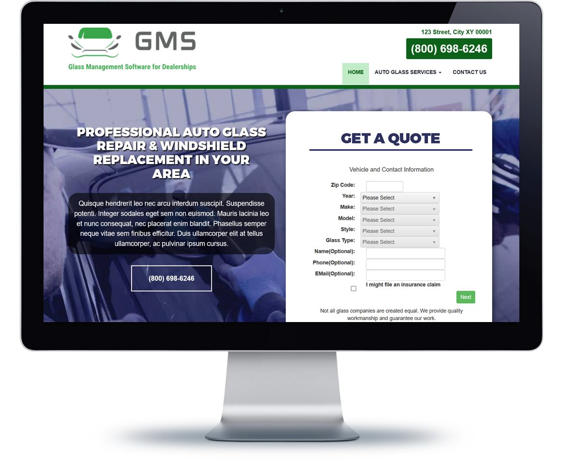 Computer screen displaying a website featuring the GMS auto glass quoting tool