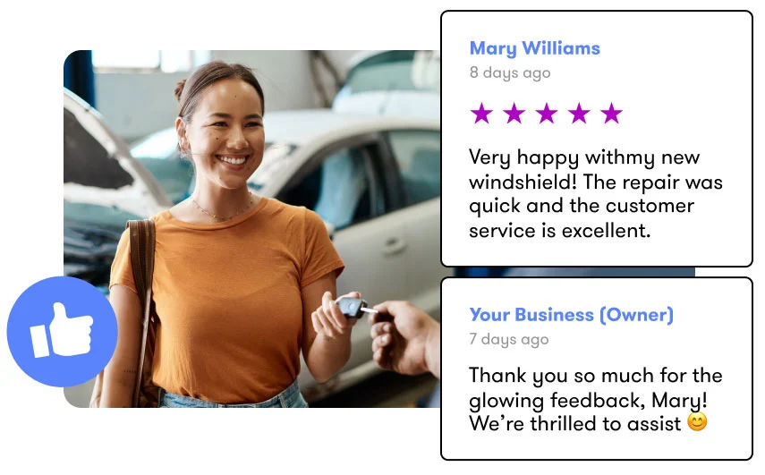 Smiling woman at an auto glass shop next to close up of a 5 star review