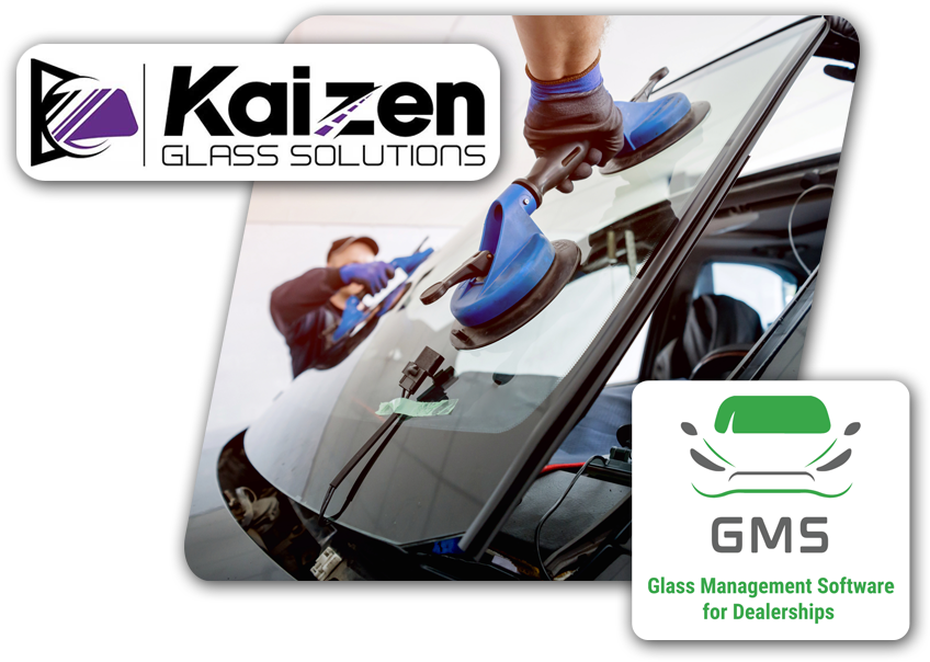 Kaizen logo, GMS logo, and a pair of auto glass technicians replacing a windshield